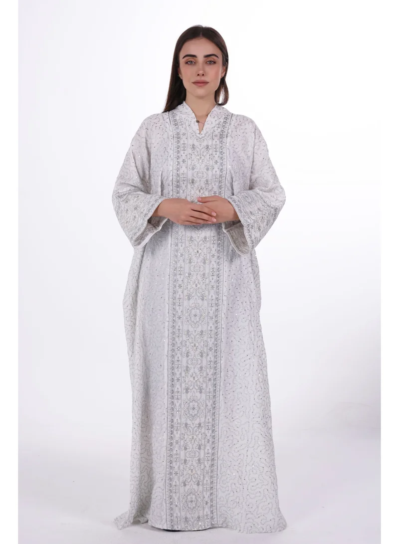 AL BENT AL SHARQIEH white Embroidered Linen Jalabiya dress with unvisible belt for Women | Best Price UAE